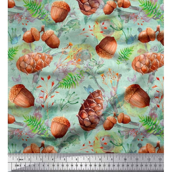 Soimoi Green Cotton Poplin Fabric Apricot & Oaknut Fruits Printed Craft Fabric by The Yard 42 Inch Wide