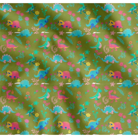 Soimoi Green Cotton Poplin Fabric Aster Flower & Dinosaur Kids Fabric Prints By Yard 56 Inch Wide