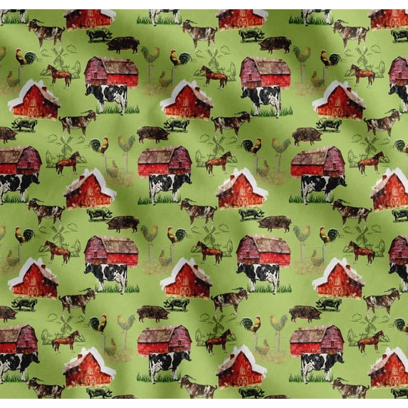 Soimoi Green Cotton Poplin Fabric Barn & Pet Animals Farm Fabric Prints By Yard 58 Inch Wide