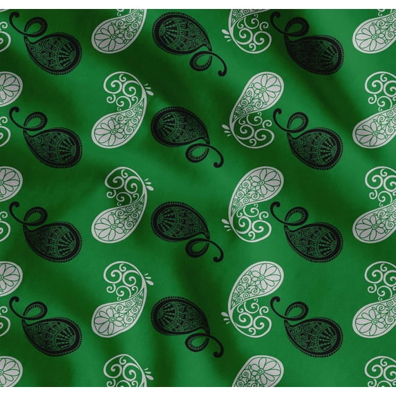 Soimoi Green Cotton Poplin Fabric Black Sketch Paisley Print Fabric by Yard 42 Inch Wide