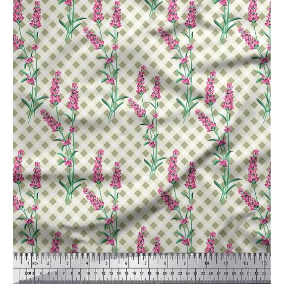 Soimoi Green Cotton Poplin Fabric Check,Leaves & Pink Floral Print Fabric by The Yard 56 Inch Wide