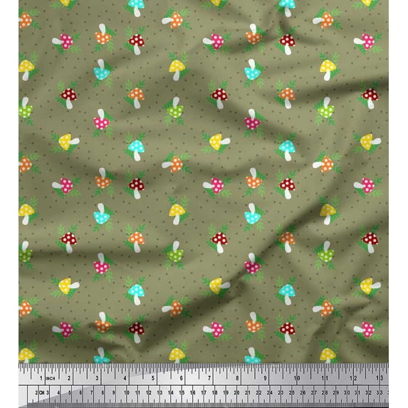 Soimoi Green Cotton Poplin Fabric Dot,Leaves & Mushroom Vegetable Printed Fabric 1 Yard 56 Inch Wide