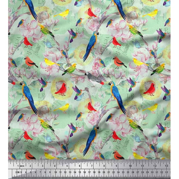 Soimoi Green Cotton Poplin Fabric Floral,Parrot & Hummingbird Bird Decor Fabric Printed BTY 56 Inch Wide