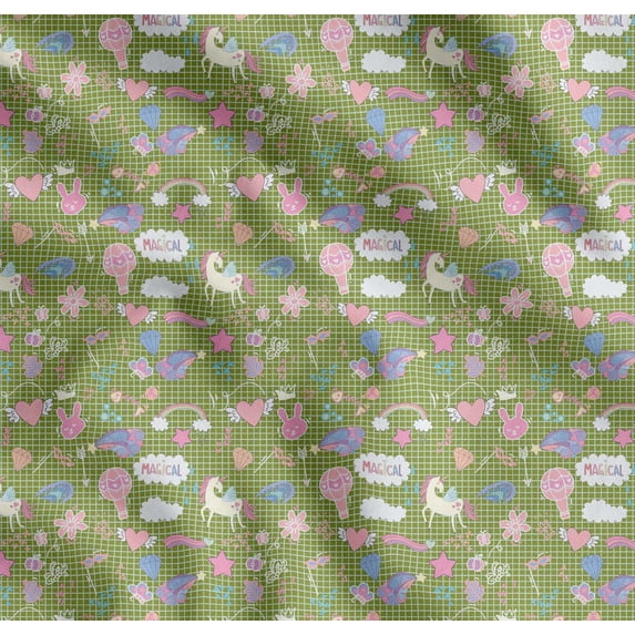 Soimoi Green Cotton Poplin Fabric Heart & Unicorn Kids Print Fabric by the Yard 56 Inch Wide
