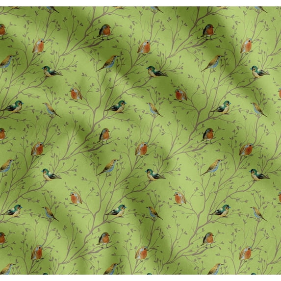 Soimoi Green Cotton Poplin Fabric Leaves & Flowerpecker Bird Print Sewing Fabric Yard 42 Inch Wide