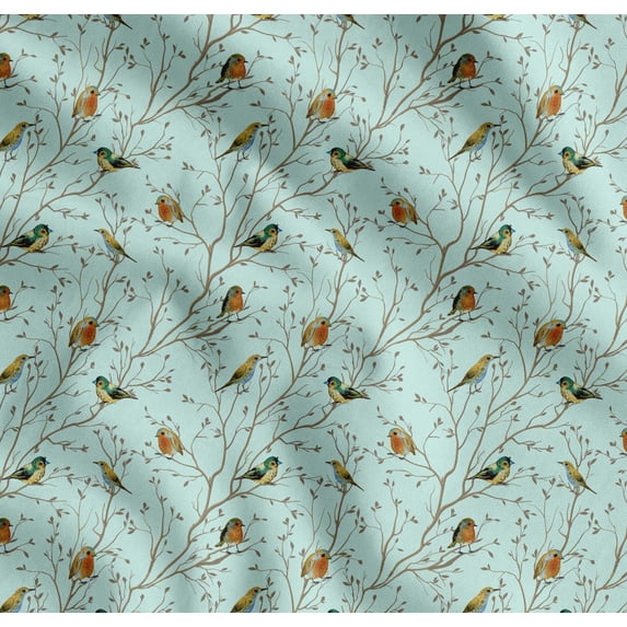 Soimoi Green Cotton Poplin Fabric Leaves & Flowerpecker Bird Printed Fabric 1 Yard 42 Inch Wide