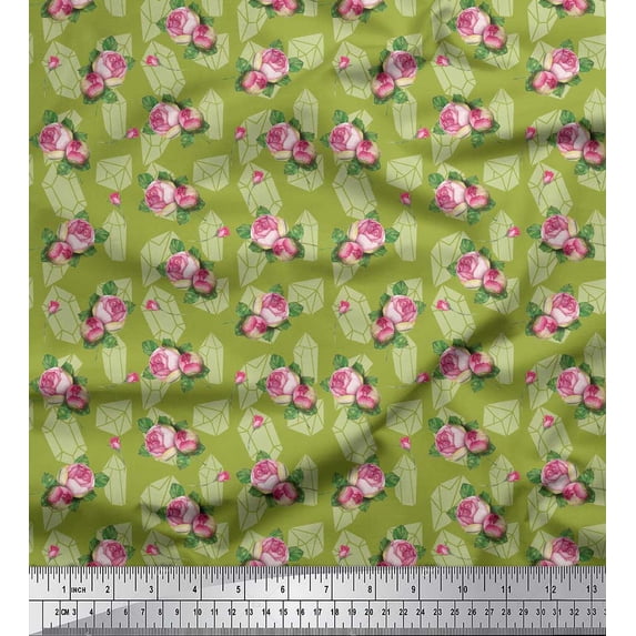 Soimoi Green Cotton Poplin Fabric Leaves & Grandiflora Roses Floral Fabric Prints By Yard 42 Inch Wide