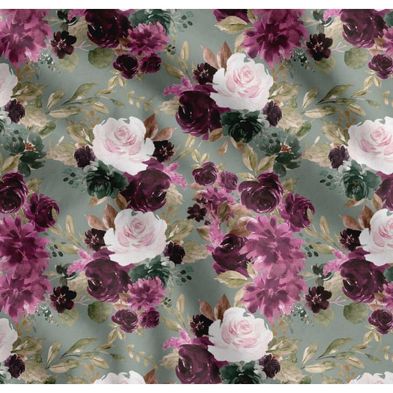 Soimoi Green Cotton Poplin Fabric Leaves & Peony Floral Print Fabric by the Yard 42 Inch Wide