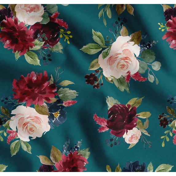 Soimoi Green Cotton Poplin Fabric Leaves & Peony Floral Print Fabric by the Yard 56 Inch Wide