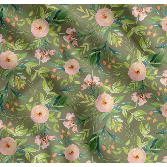 Soimoi Green Cotton Poplin Fabric Leaves & Ranunculus Floral Printed Craft Fabric by the Yard 56 Inch Wide
