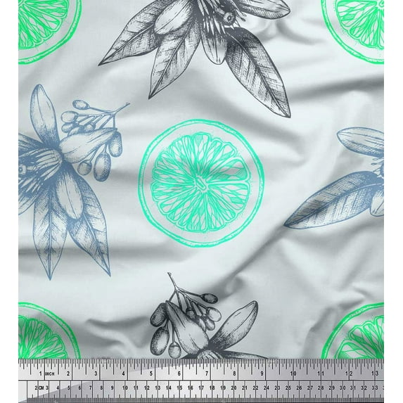 Soimoi Green Cotton Poplin Fabric Lemon Slice & Floral Print Fabric by the Yard 42 Inch Wide