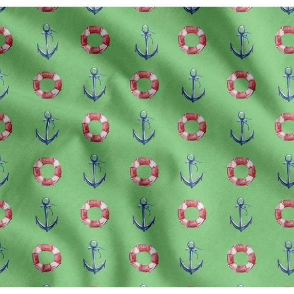 Soimoi Green Cotton Poplin Fabric Life Ring & Anchor Hook Nautical Print Sewing Fabric Yard 56 Inch Wide