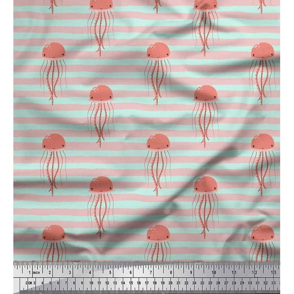 Soimoi Green Cotton Poplin Fabric Stripe & Jellyfish Ocean Fabric Prints By Yard 58 Inch Wide