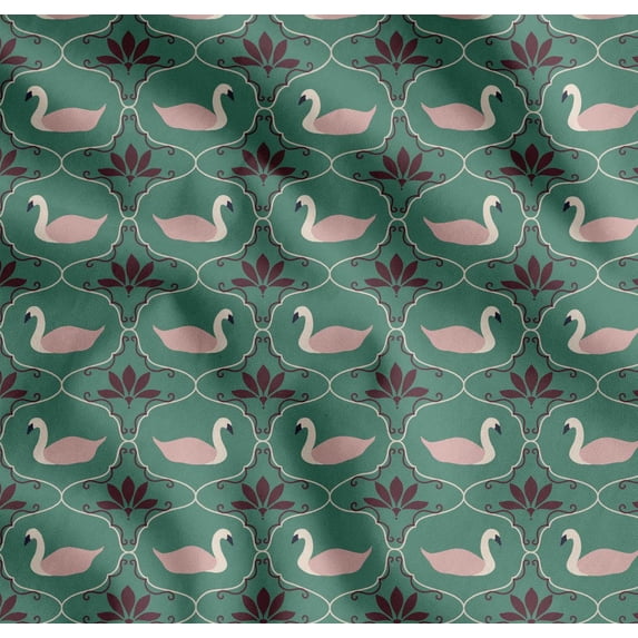 Soimoi Green Cotton Poplin Fabric Swan & Moroccan Damask Decor Fabric Printed Yard 42 Inch Wide