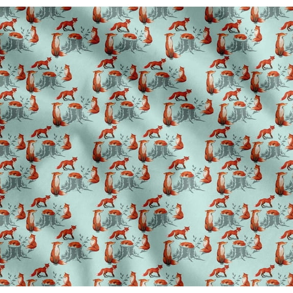 Soimoi Green Cotton Poplin Fabric Tree Stump & Fox Animal Printed Fabric 1 Yard 56 Inch Wide