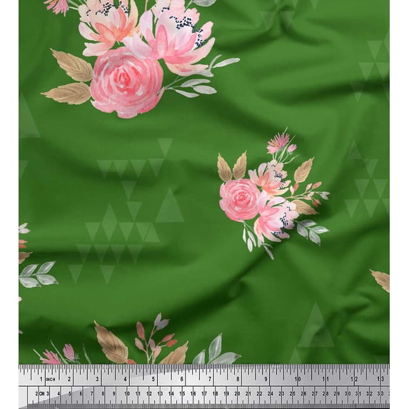 Soimoi Green Cotton Poplin Fabric Triangle & Rose Floral Print Fabric by the Yard 56 Inch Wide