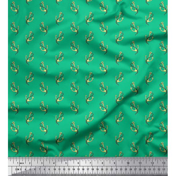Soimoi Green Cotton Voile Fabric Anchor Hook Nautical Print Fabric by the Yard 42 Inch Wide