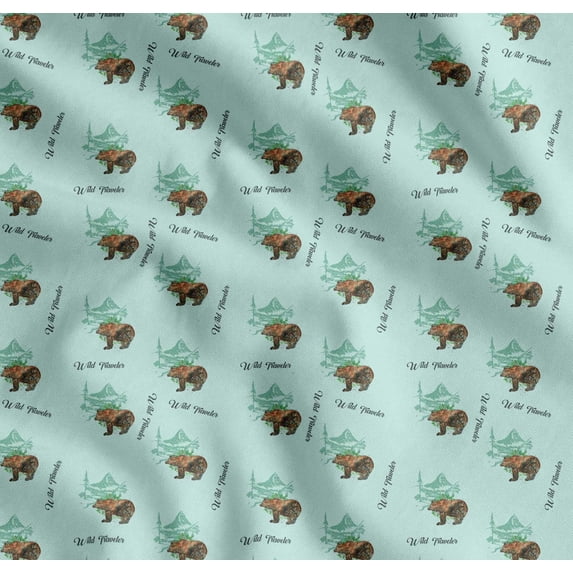 Soimoi Green Cotton Voile Fabric Bear & Text Print Sewing Fabric Yard 42 Inch Wide