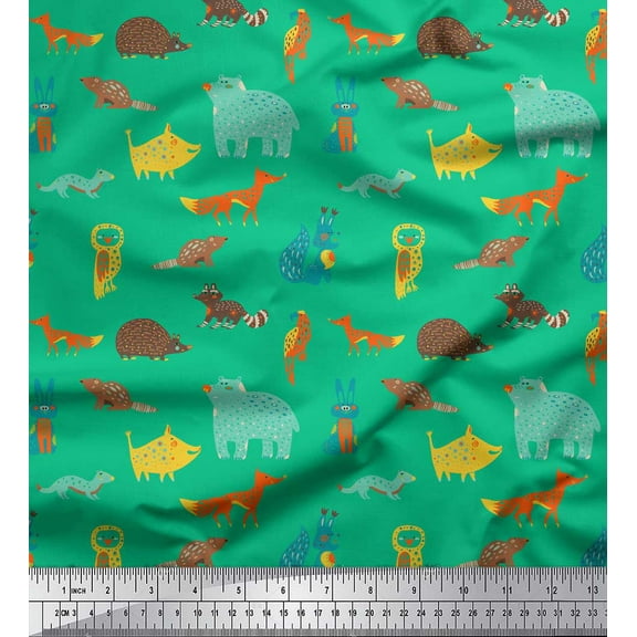 Soimoi Green Cotton Voile Fabric Bird & Animals Cartoon Printed Craft Fabric by the Yard 42 Inch Wide