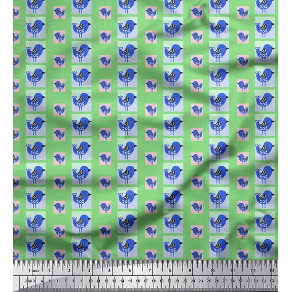 Soimoi Green Cotton Voile Fabric Bird Folk Art Printed Fabric 1 Yard 42 Inch Wide