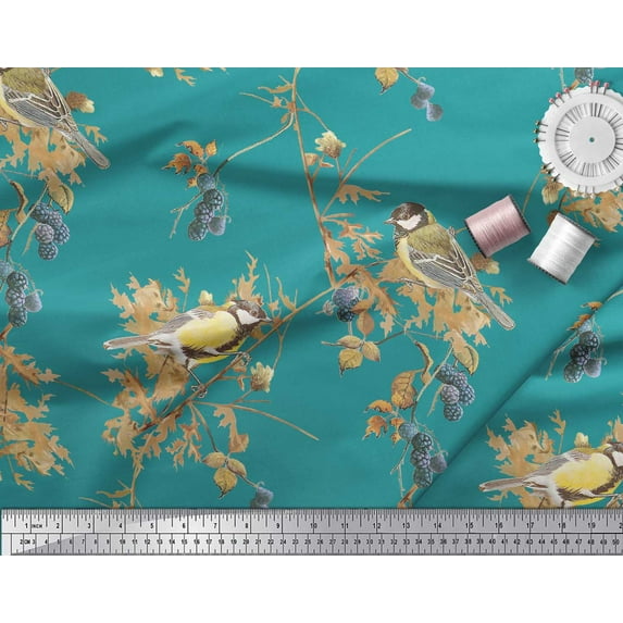 Soimoi Green Cotton Voile Fabric Black Berry & Yellow Sparrow Bird Fabric Prints By Yard 58 Inch Wide