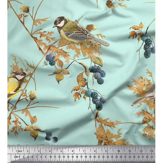 Soimoi Green Cotton Voile Fabric Black Berry & Yellow Sparrow Bird Printed Fabric 1 Yard 42 Inch Wide