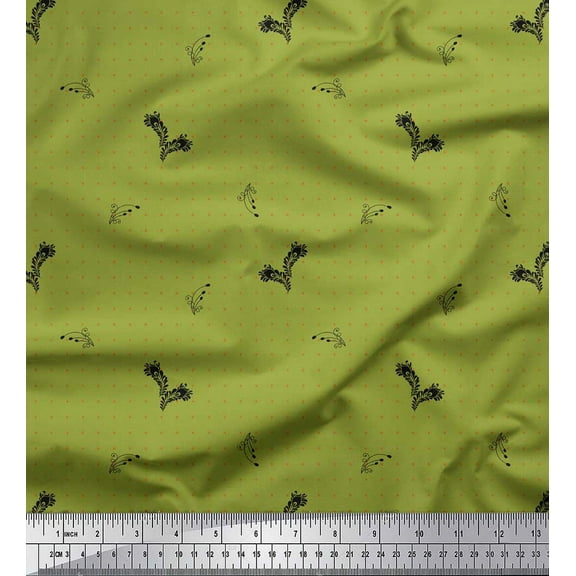 Soimoi Green Cotton Voile Fabric Black Sketch Feather & Dots Printed Fabric 1 Yard 42 Inch Wide