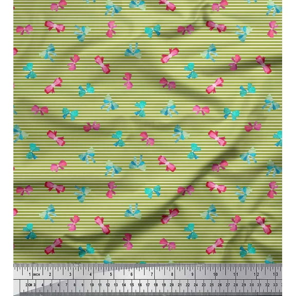 Soimoi Green Cotton Voile Fabric Bow & Stripe Print Sewing Fabric Yard 42 Inch Wide