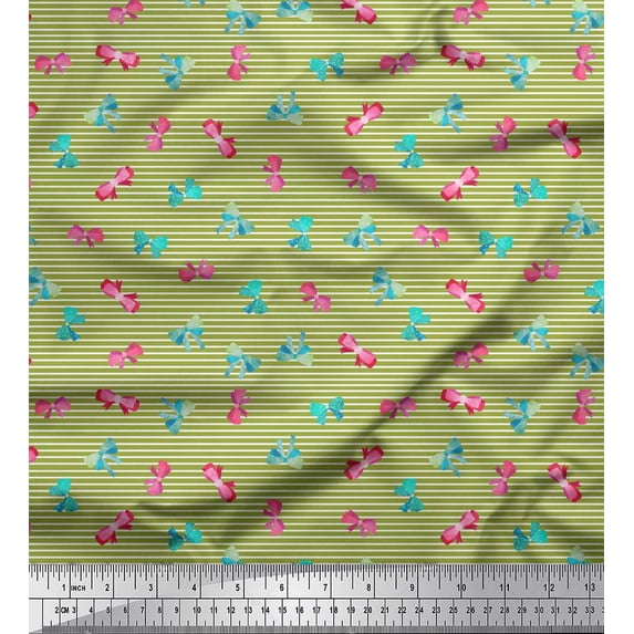 Soimoi Green Cotton Voile Fabric Bow & Stripe Print Sewing Fabric Yard 56 Inch Wide