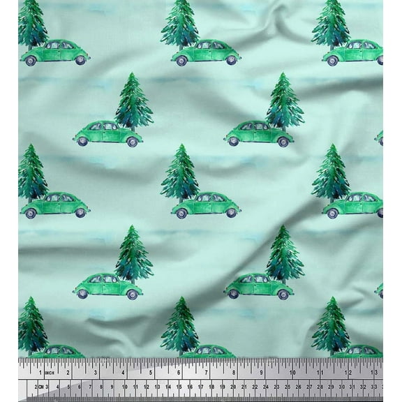 Soimoi Green Cotton Voile Fabric Car & Cedar Tree Printed Craft Fabric by the Yard 42 Inch Wide