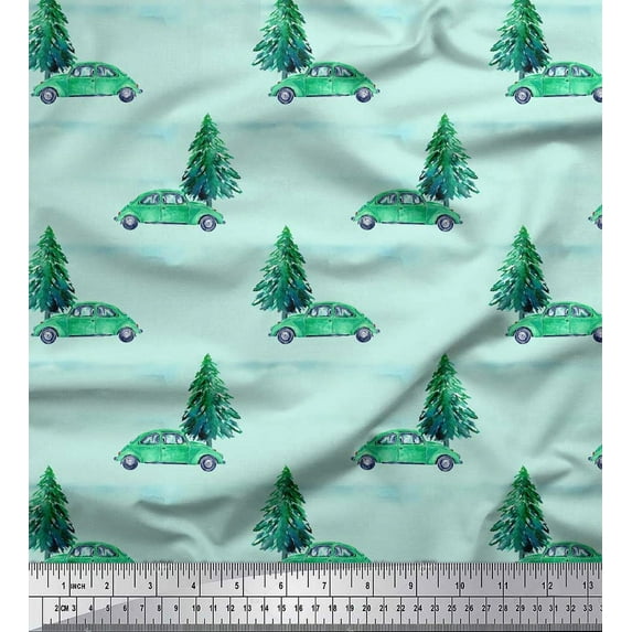 Soimoi Green Cotton Voile Fabric Car & Cedar Tree Printed Craft Fabric by the Yard 42 Inch Wide