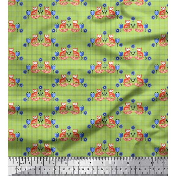 Soimoi Green Cotton Voile Fabric Check & Fox Folk Art Fabric Prints By Yard 42 Inch Wide