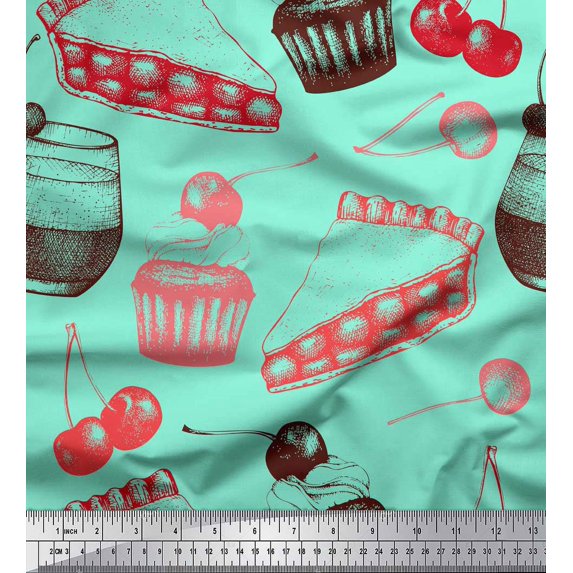 Soimoi Green Cotton Voile Fabric Cherry,Cupcake & Cake Slice Party Fabric Prints By Yard 42 Inch Wide