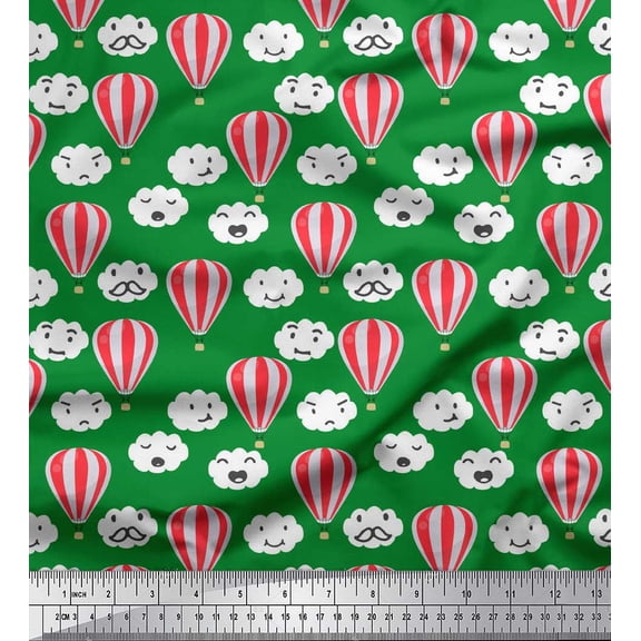 Soimoi Green Cotton Voile Fabric Cloud & Hot Air Balloon Holiday Printed Fabric 1 Yard 56 Inch Wide