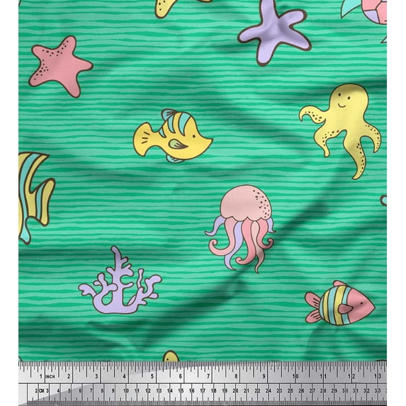 Soimoi Green Cotton Voile Fabric Clown Fish & Octopus Ocean Print Sewing Fabric Yard 58 Inch Wide