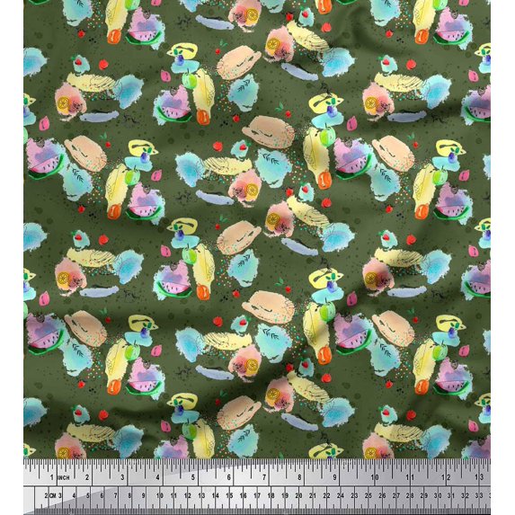 Soimoi Green Cotton Voile Fabric Cookies & Cupcake Food Printed Fabric 1 Yard 42 Inch Wide