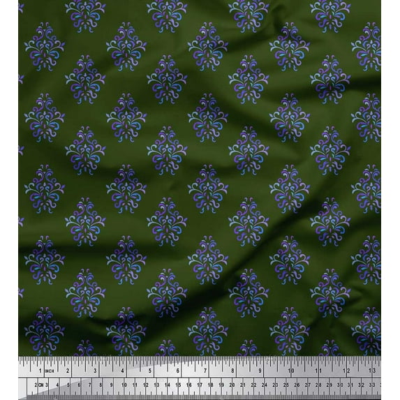 Soimoi Green Cotton Voile Fabric Damask Block Print Fabric by the Yard 42 Inch Wide