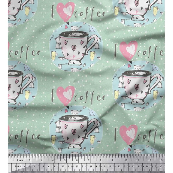 Soimoi Green Cotton Voile Fabric Dot & I Love Coffee Text Printed Fabric 1 Yard 42 Inch Wide