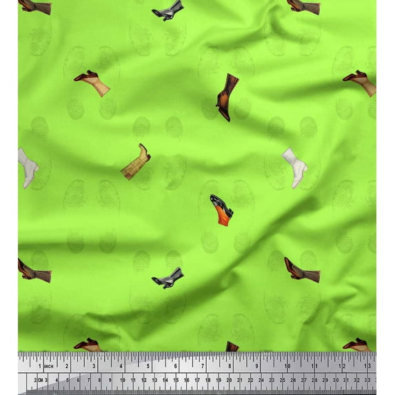 Soimoi Green Cotton Voile Fabric Footprint & Shoes Fashion Print Fabric by the Yard 42 Inch Wide