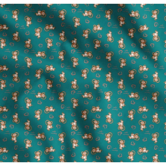 Soimoi Green Cotton Voile Fabric Heart & Cute Monkey Kids Printed Fabric 1 Yard 42 Inch Wide