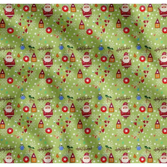 Soimoi Green Cotton Voile Fabric Heart,Santa & Baubles Christmas Fabric Prints By Yard 42 Inch Wide