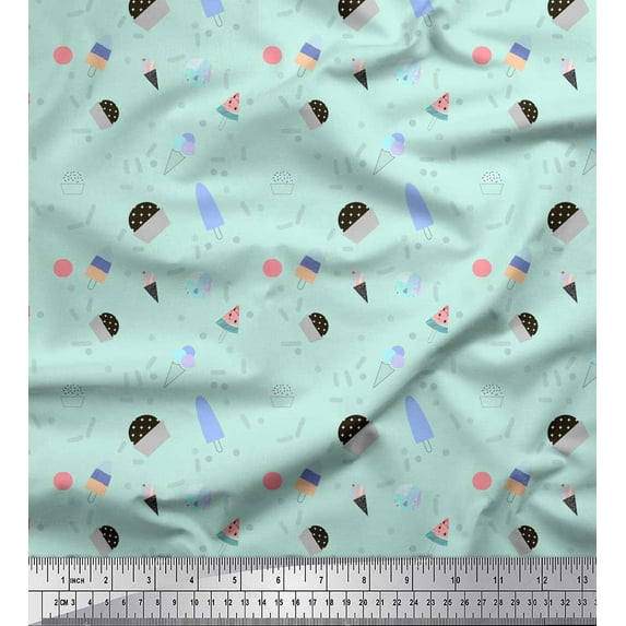 Soimoi Green Cotton Voile Fabric Ice Cream & Cupcakes Food Printed Fabric 1 Yard 42 Inch Wide