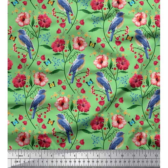 Soimoi Green Cotton Voile Fabric Insect,Floral & Bluebird Bird Print Sewing Fabric BTY 42 Inch Wide