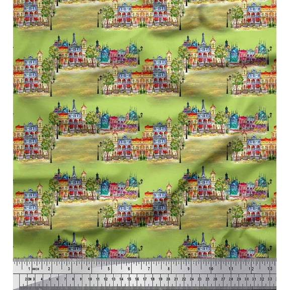Soimoi Green Cotton Voile Fabric Landscape & City Digital Decor Fabric Printed Yard 42 Inch Wide
