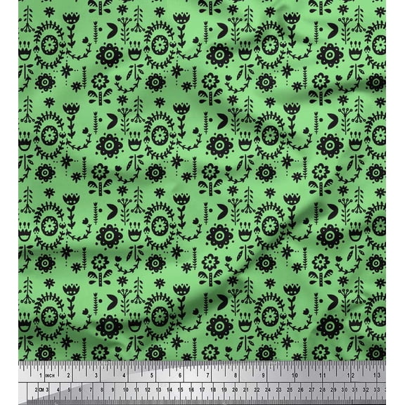 Soimoi Green Cotton Voile Fabric Leaves & Floral Folk Art Print Fabric by the Yard 42 Inch Wide