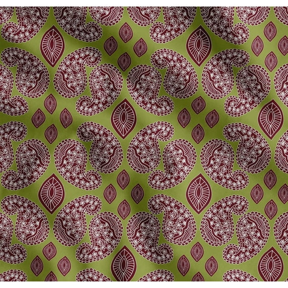Soimoi Green Cotton Voile Fabric Maroon Paisley Print Fabric by the Yard 42 Inch Wide