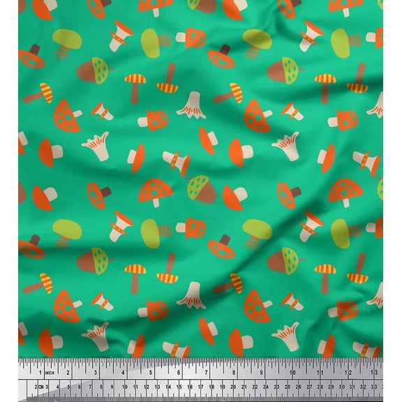 Soimoi Green Cotton Voile Fabric Oaknut & Mushroom Clip Art Print Sewing Fabric BTY 42 Inch Wide