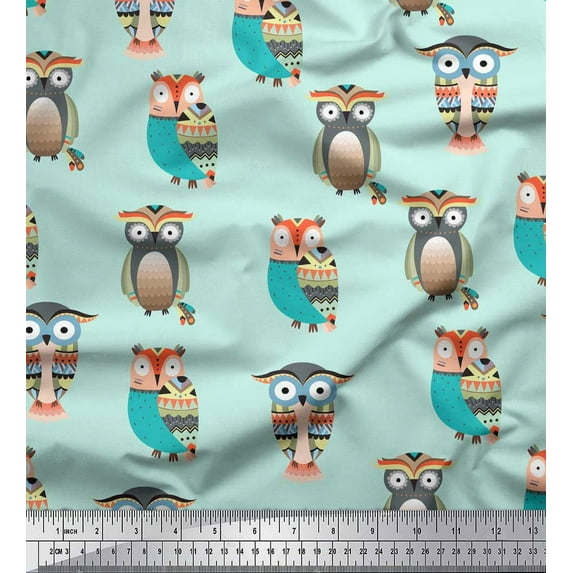 Soimoi Green Cotton Voile Fabric Owl Tribal Printed Craft Fabric by the Yard 42 Inch Wide