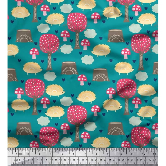 Soimoi Green Cotton Voile Fabric Porcupine & Mushroom Tree Printed Craft Fabric by the Yard 56 Inch Wide