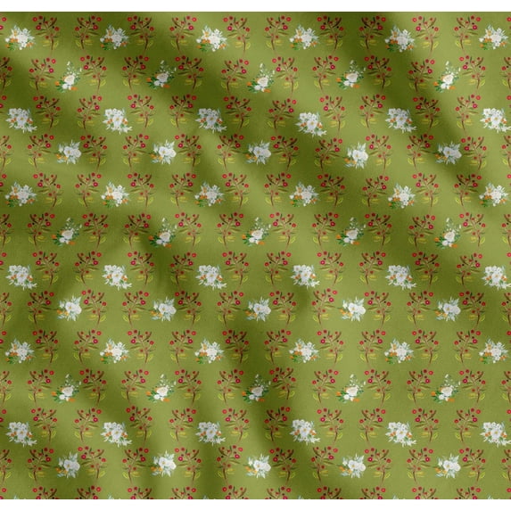 Soimoi Green Cotton Voile Fabric Red Berries & Polo Rose Floral Printed Fabric 1 Yard 56 Inch Wide